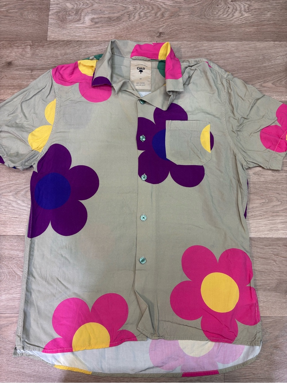 OAS The Cuba Shirt Mens Medium Tan Multi Floral Viscose Camp Collar Button Down
